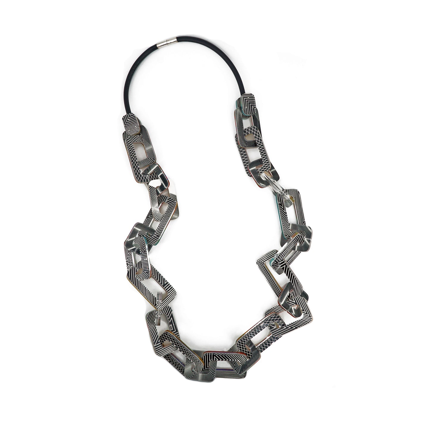 Reversible Op Art Square Link Double Chain Statement Necklacce