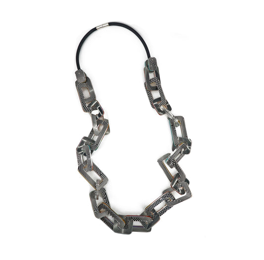 Reversible Op Art Square Link Double Chain Statement Necklacce