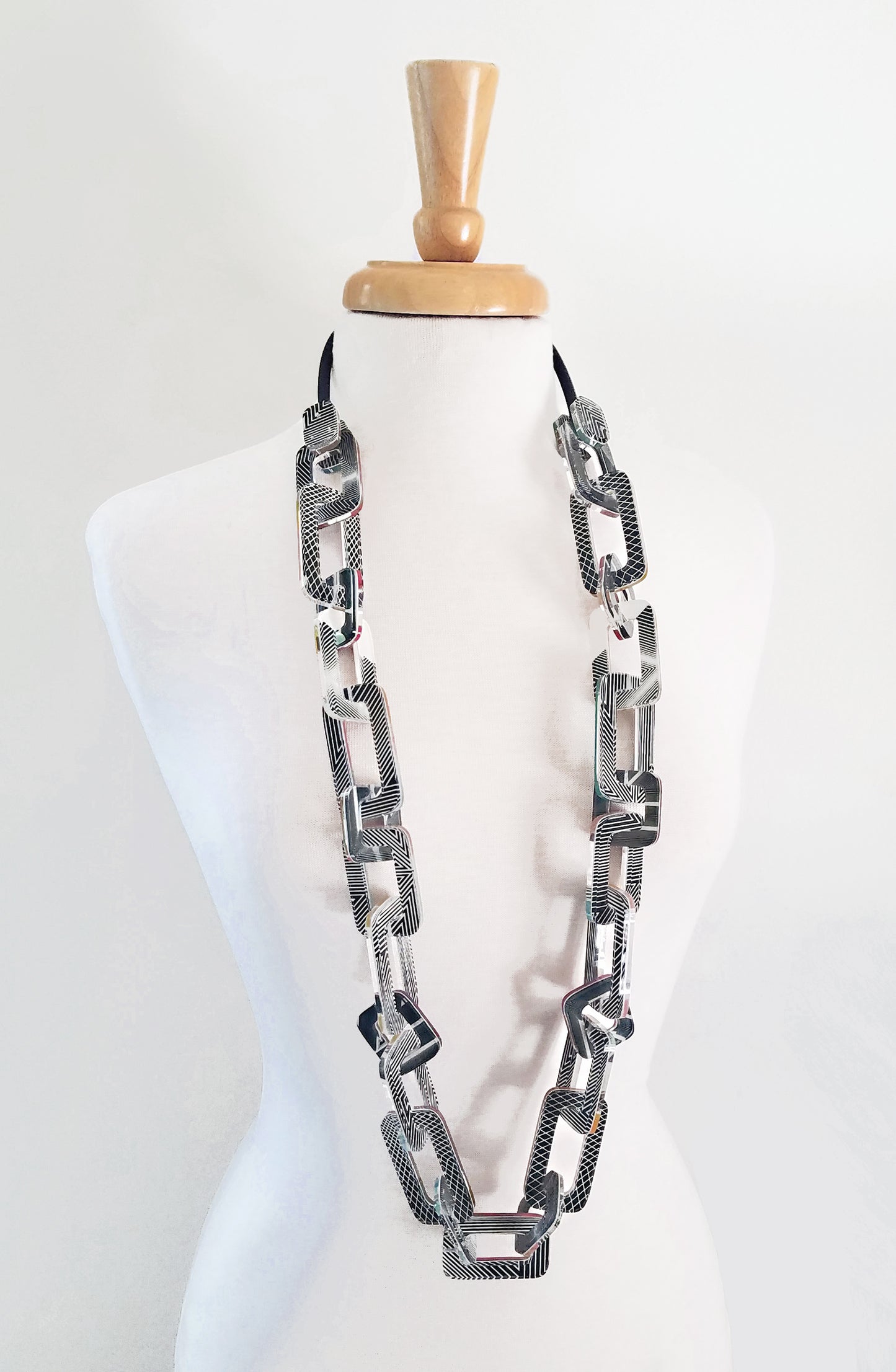 Reversible Op Art Square Link Double Chain Statement Necklacce