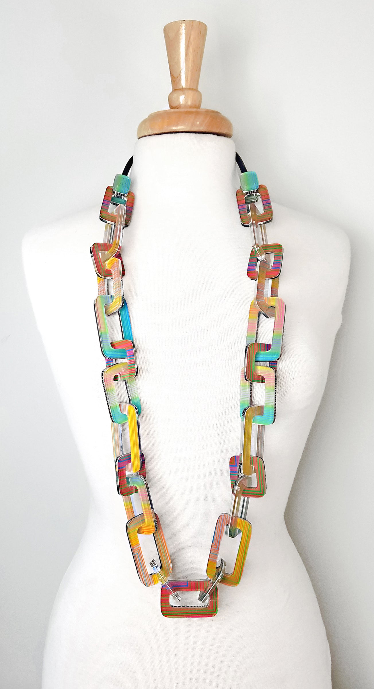 Reversible Op Art Square Link Double Chain Statement Necklacce