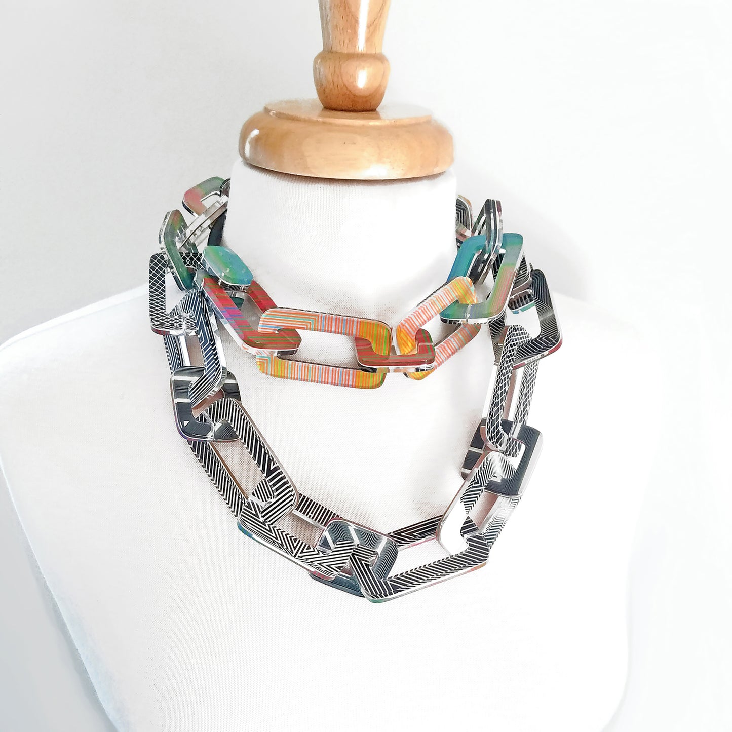 Reversible Op Art Square Link Double Chain Statement Necklacce